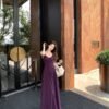 16085#Deep Purple V-Neck Slip Dress — Elegant Waisted Flowy Maxi