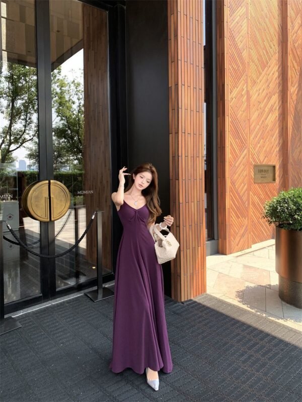16085#Deep Purple V-Neck Slip Dress — Elegant Waisted Flowy Maxi