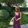 16085#Deep Purple V-Neck Slip Dress — Elegant Waisted Flowy Maxi