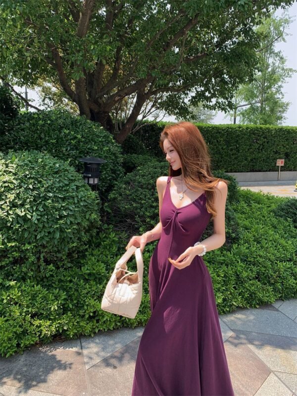 16085#Deep Purple V-Neck Slip Dress — Elegant Waisted Flowy Maxi