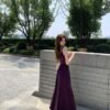 16085#Deep Purple V-Neck Slip Dress — Elegant Waisted Flowy Maxi