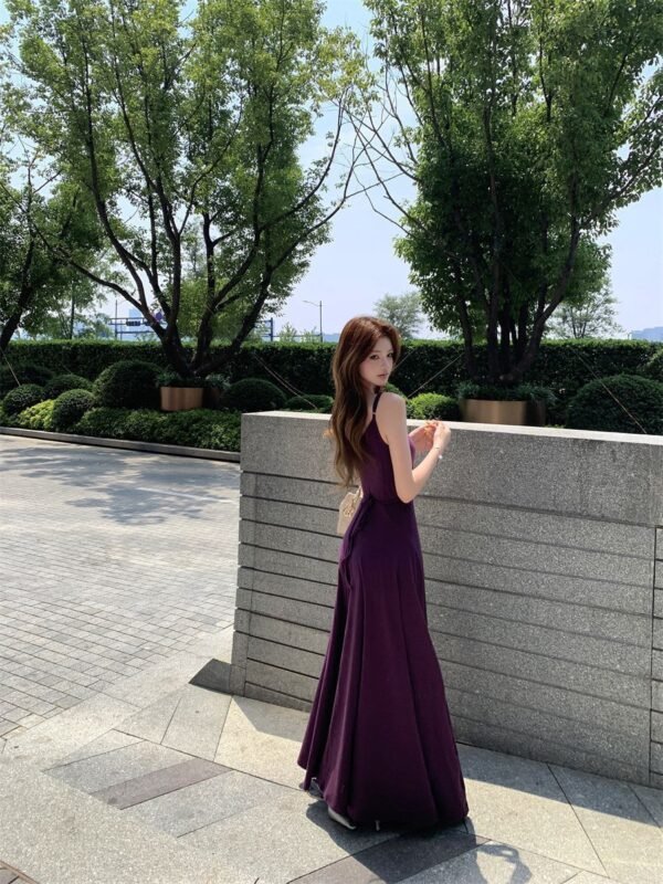 16085#Deep Purple V-Neck Slip Dress — Elegant Waisted Flowy Maxi