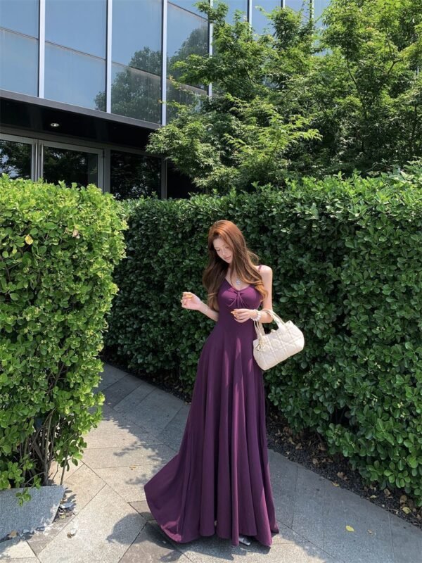 16085#Deep Purple V-Neck Slip Dress — Elegant Waisted Flowy Maxi
