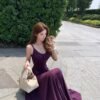 16085#Deep Purple V-Neck Slip Dress — Elegant Waisted Flowy Maxi