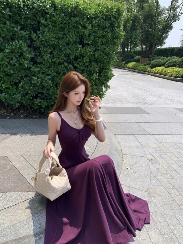 16085#Deep Purple V-Neck Slip Dress — Elegant Waisted Flowy Maxi