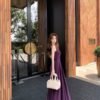 16085#Deep Purple V-Neck Slip Dress — Elegant Waisted Flowy Maxi