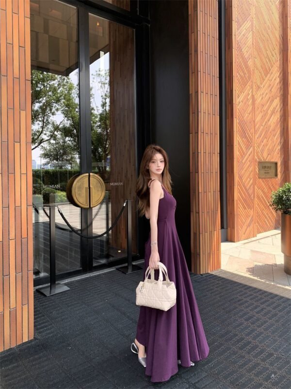 16085#Deep Purple V-Neck Slip Dress — Elegant Waisted Flowy Maxi