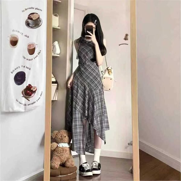16086#Plaid Sleeveless Midi Dress – Irregular Hem, Elegant A-Line Style
