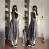 16086#Plaid Sleeveless Midi Dress – Irregular Hem, Elegant A-Line Style