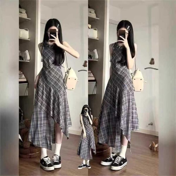 16086#Plaid Sleeveless Midi Dress – Irregular Hem, Elegant A-Line Style
