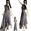 16086#Plaid Sleeveless Midi Dress – Irregular Hem, Elegant A-Line Style