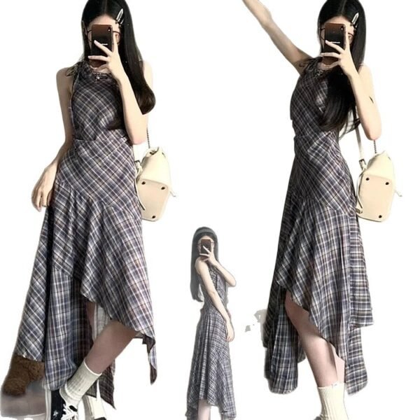 16086#Plaid Sleeveless Midi Dress – Irregular Hem, Elegant A-Line Style