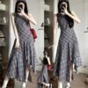 16086#Plaid Sleeveless Midi Dress – Irregular Hem, Elegant A-Line Style