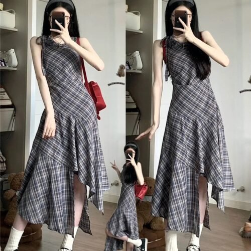 16086#Plaid Sleeveless Midi Dress – Irregular Hem, Elegant A-Line Style