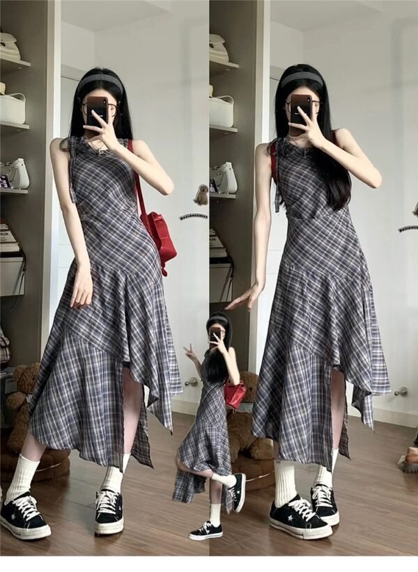16086#Plaid Sleeveless Midi Dress – Irregular Hem, Elegant A-Line Style