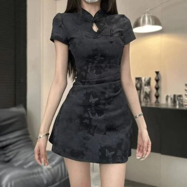 16087#Black Butterfly Jacquard Modernized Qipao Mini Dress"
