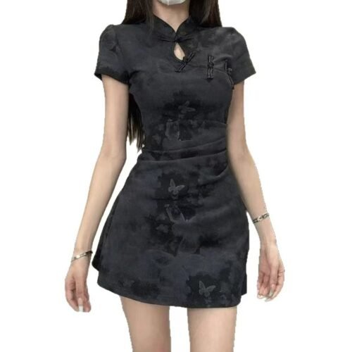 16087#Black Butterfly Jacquard Modernized Qipao Mini Dress"
