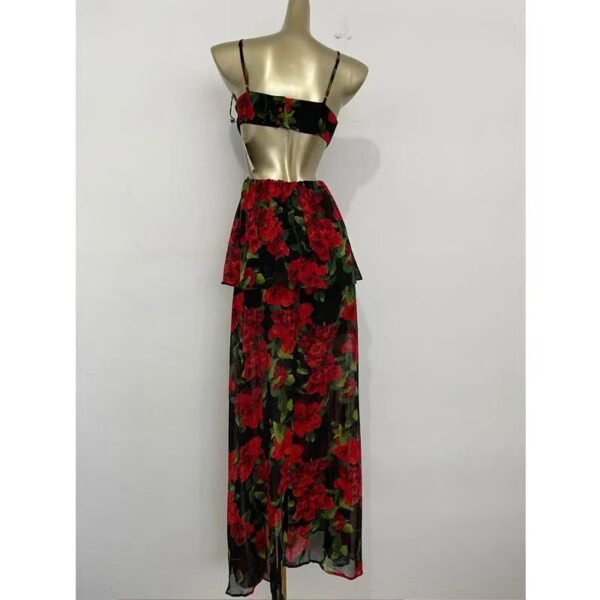 16088#Black & Red Floral Cut-Out Maxi Dress