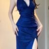 16089#Blue Deep V-Neck Premium Evening Gown