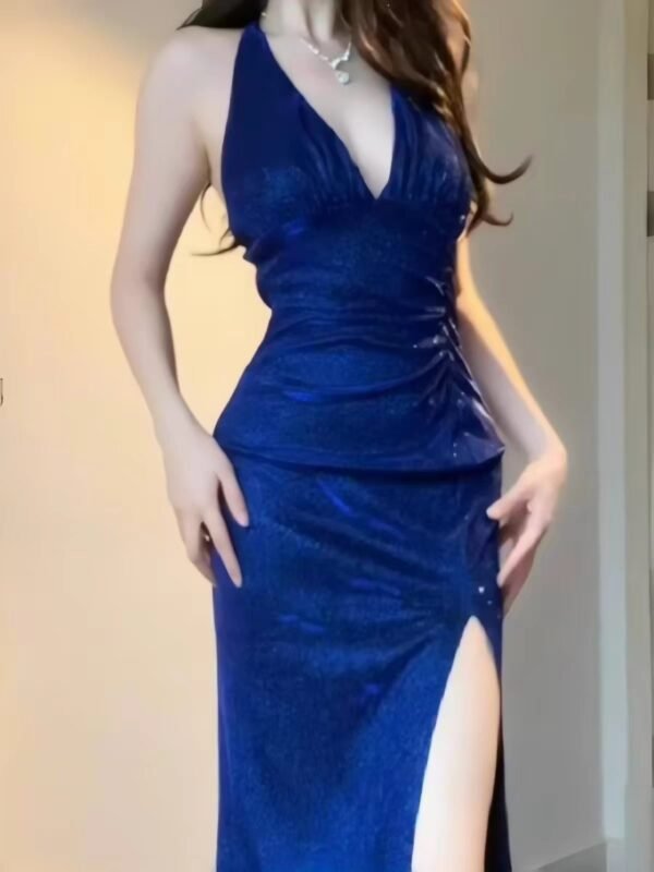 16089#Blue Deep V-Neck Premium Evening Gown