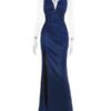 16089#Blue Deep V-Neck Premium Evening Gown