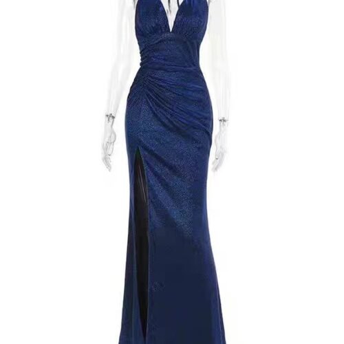 16089#Blue Deep V-Neck Premium Evening Gown