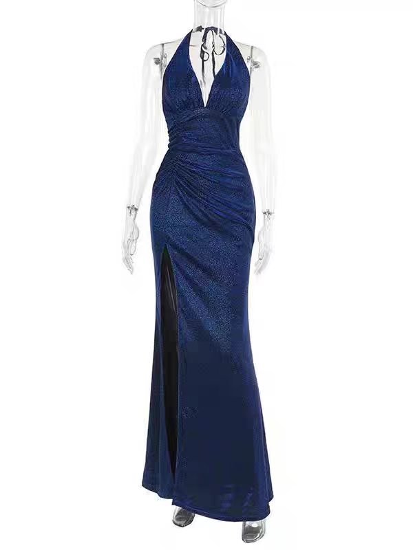 16089#Blue Deep V-Neck Premium Evening Gown