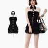 16090#Black Corset-Style Ruffled Mini Dress