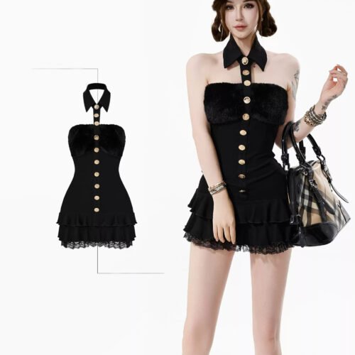 16090#Black Corset-Style Ruffled Mini Dress
