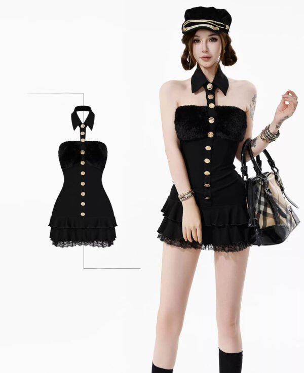16090#Black Corset-Style Ruffled Mini Dress