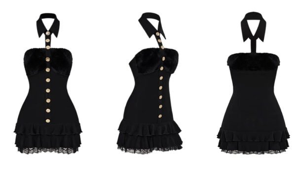 16090#Black Corset-Style Ruffled Mini Dress