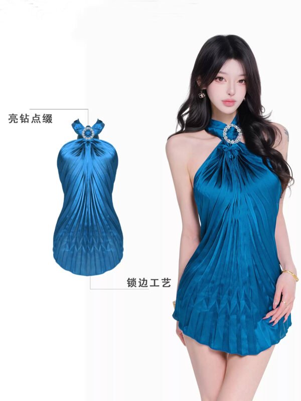 16091#Blue Crinkle Halter Backless Bodycon Mini Dress