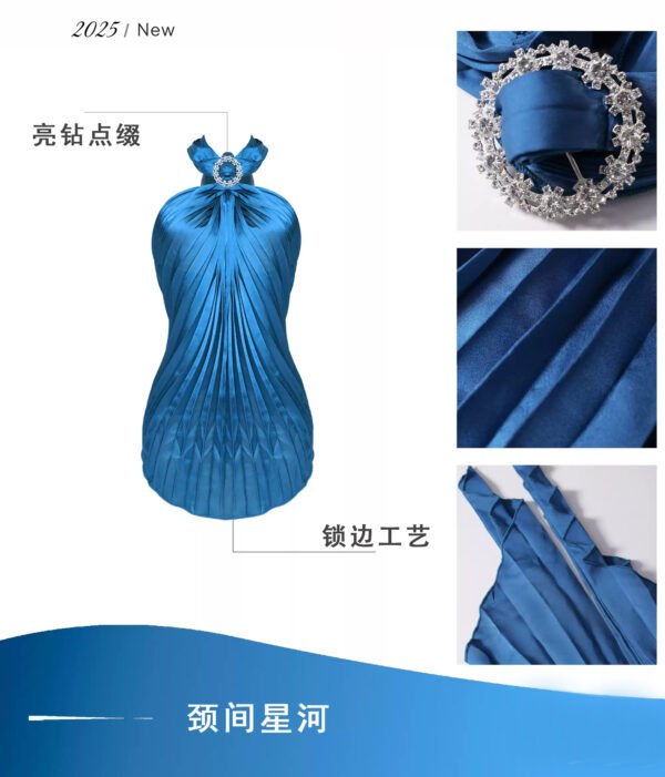 16091#Blue Crinkle Halter Backless Bodycon Mini Dress