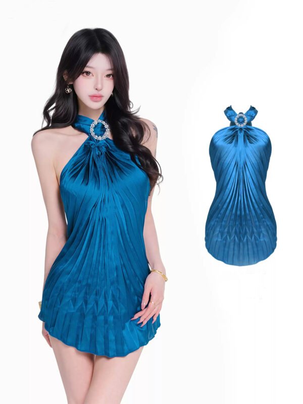 16091#Blue Crinkle Halter Backless Bodycon Mini Dress