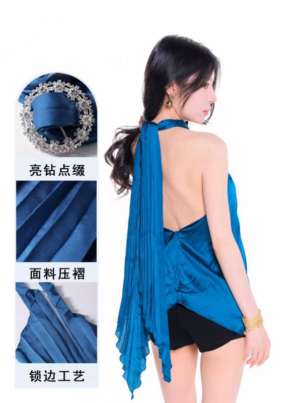 16091#Blue Crinkle Halter Backless Bodycon Mini Dress