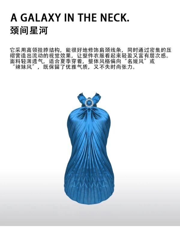 16091#Blue Crinkle Halter Backless Bodycon Mini Dress