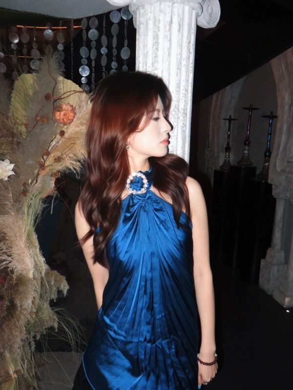 16091#Blue Crinkle Halter Backless Bodycon Mini Dress