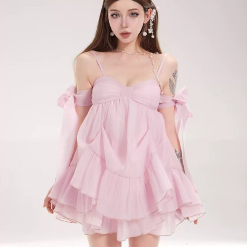 16092#Pink Off-Shoulder Ruffled Babydoll Mini Dress