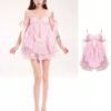 16092#Pink Off-Shoulder Ruffled Babydoll Mini Dress