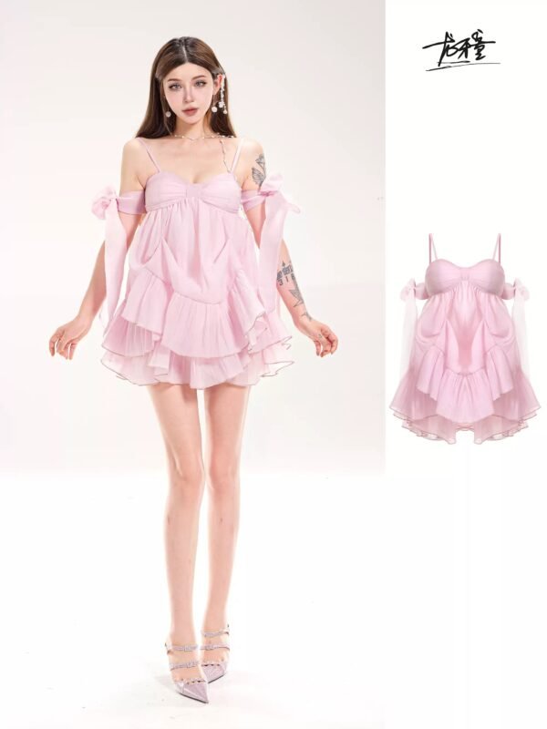 16092#Pink Off-Shoulder Ruffled Babydoll Mini Dress