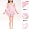 16092#Pink Off-Shoulder Ruffled Babydoll Mini Dress
