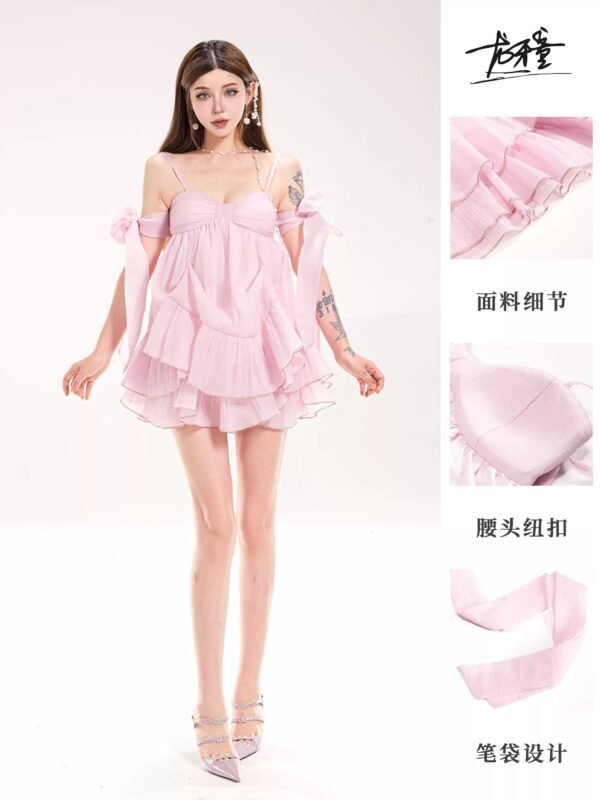 16092#Pink Off-Shoulder Ruffled Babydoll Mini Dress