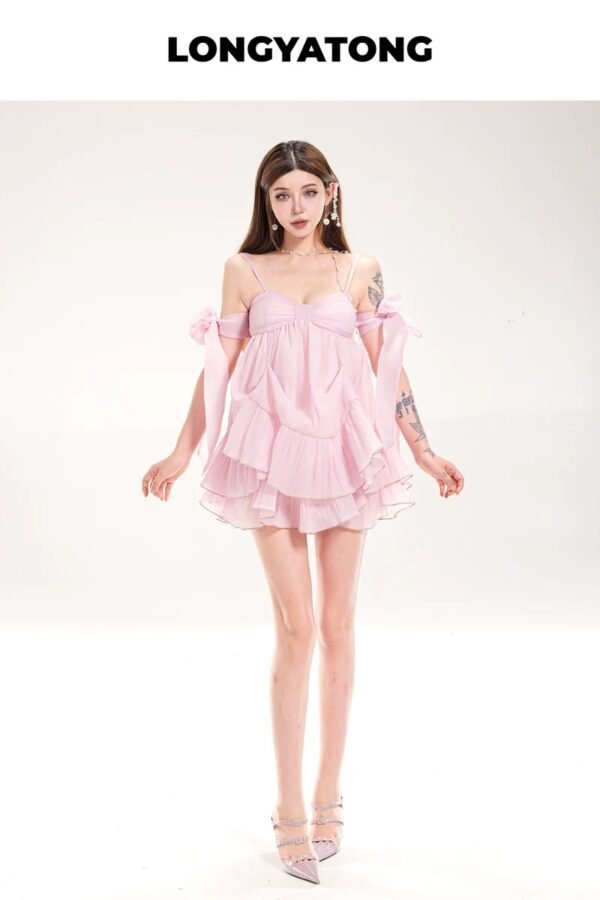 16092#Pink Off-Shoulder Ruffled Babydoll Mini Dress