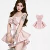 16093#Pink Satin Corset-Style Ruffled Two-Piece Mini Dress