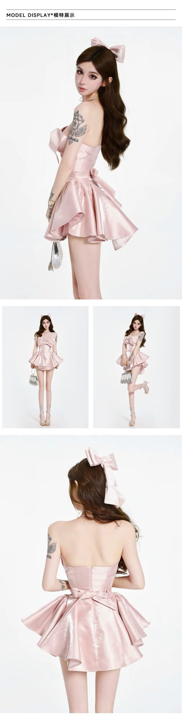 16093#Pink Satin Corset-Style Ruffled Two-Piece Mini Dress