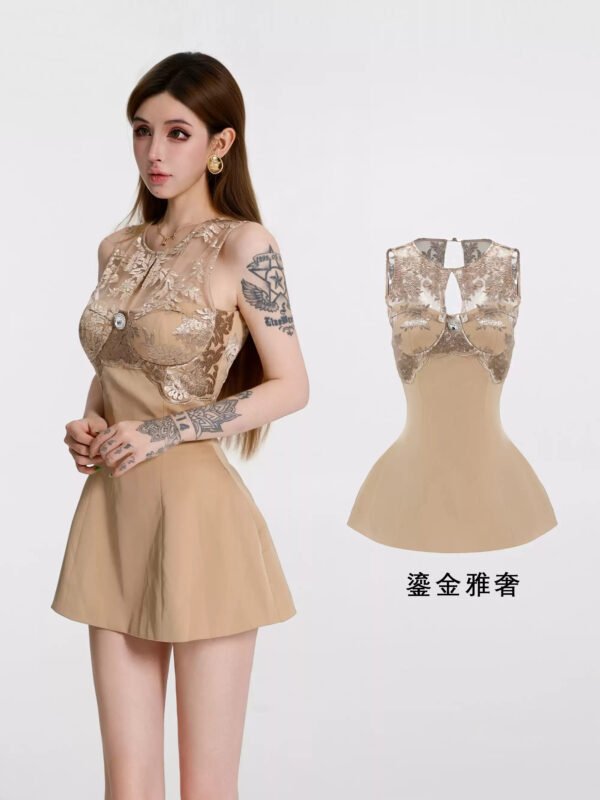 16095#Beige Fringed Halter Two-Piece Mini Dress