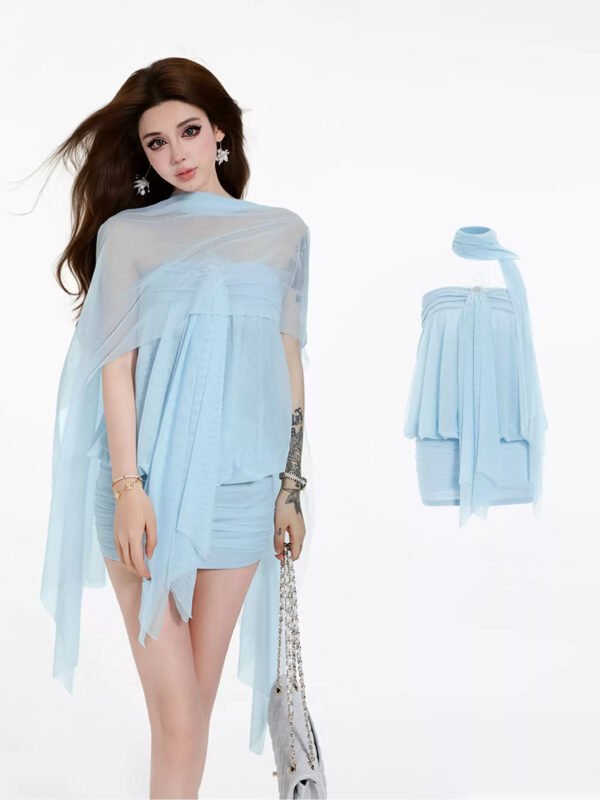 16096#Light Blue Chiffon Off-Shoulder Flowy Mini Dress