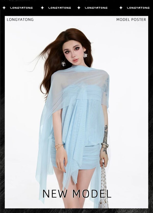 16096#Light Blue Chiffon Off-Shoulder Flowy Mini Dress