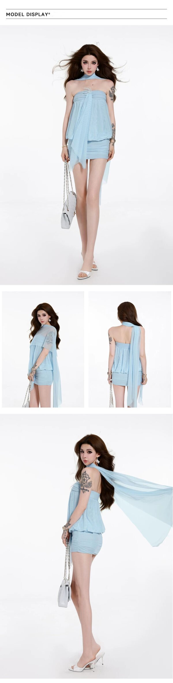 16096#Light Blue Chiffon Off-Shoulder Flowy Mini Dress