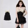 16098#Black Strapless Lace Ruffled Tiered Mini Dress